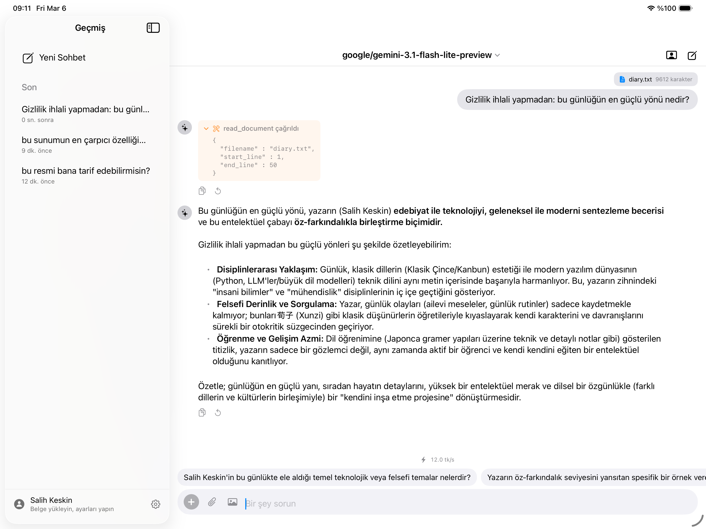 Tool calling with read_document — the model autonomously reads and analyzes uploaded files