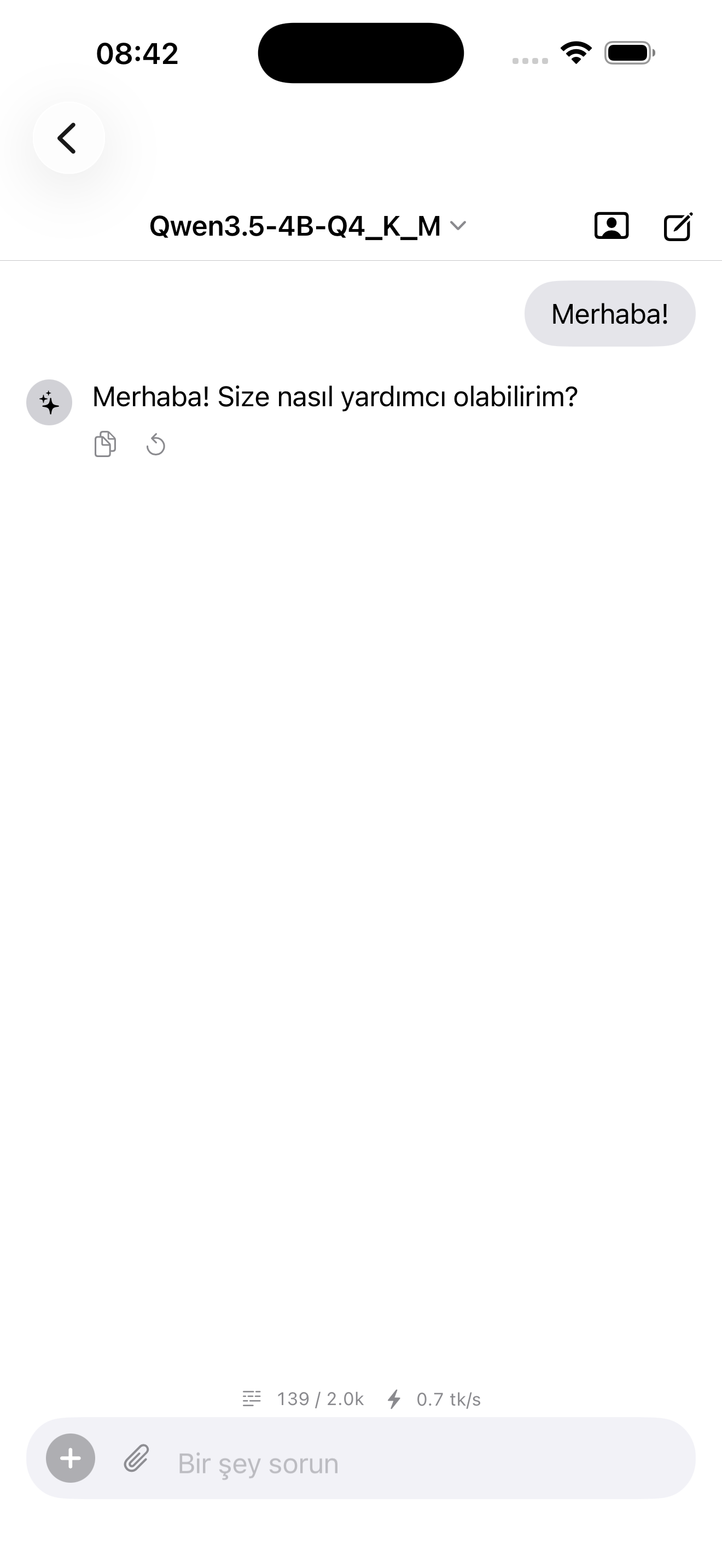 Local chat with Qwen3.5-4B running at 0.7 tk/s on-device with full conversation context