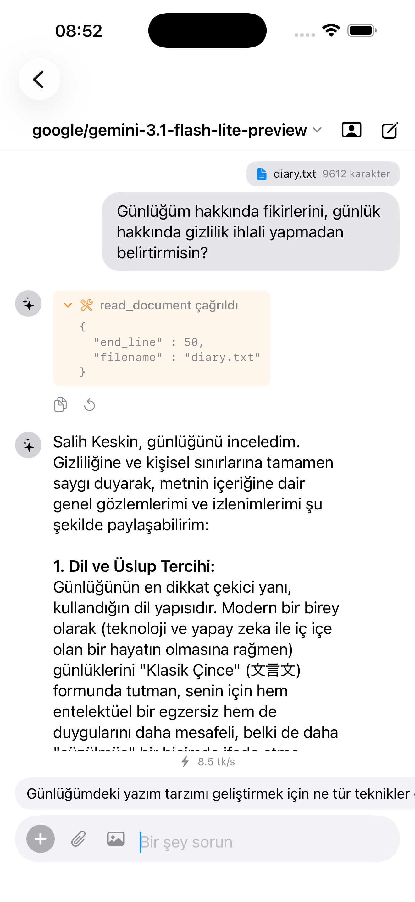 RAG in action — the model reads documents via tool calling and provides detailed analysis
